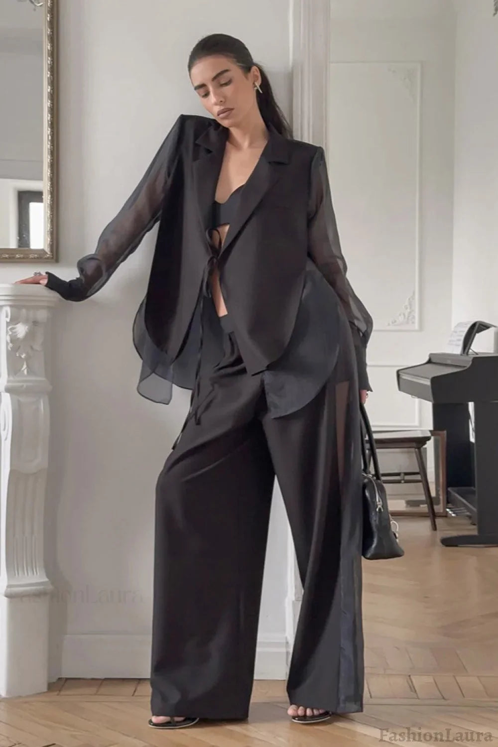 Mesh Tie Waist Wide Leg Pants Blazer S / Black