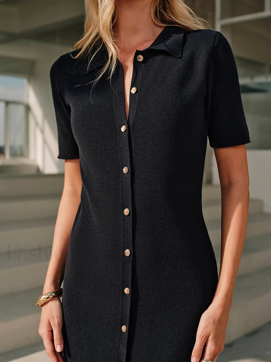 Metal Button Collar Midi Dress