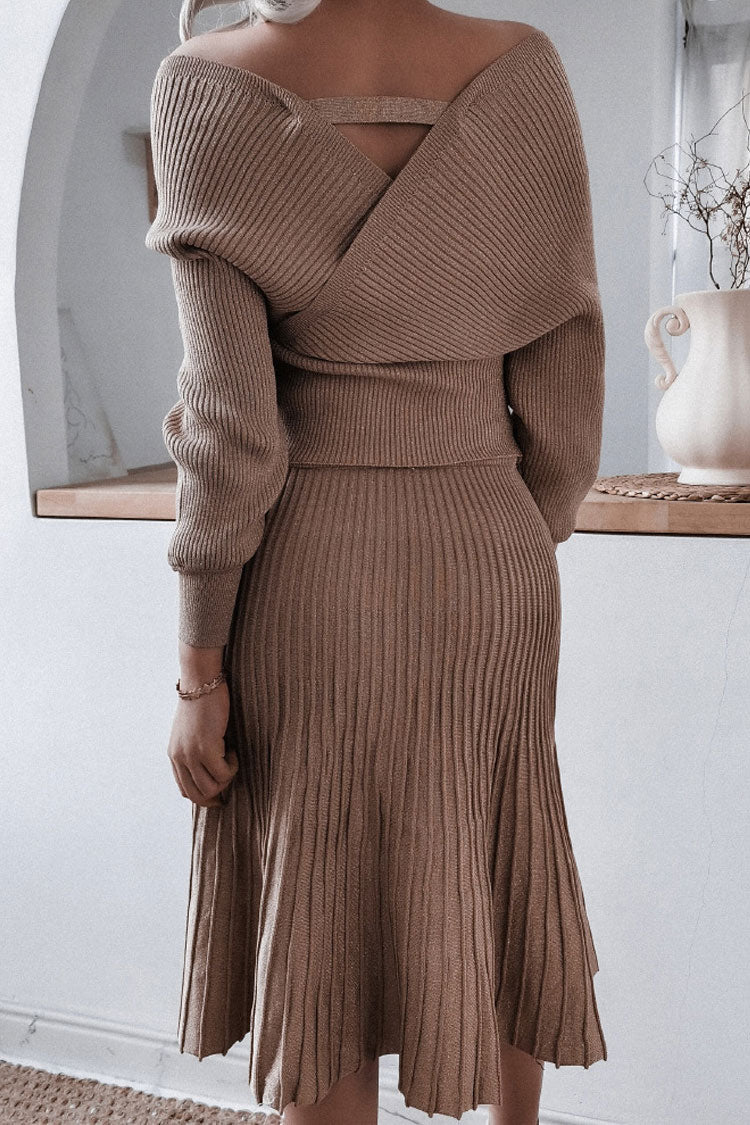 Metallic Lurex Rib Knit Off Shoulder Sweater Two Piece Midi Dress - Coffee 3