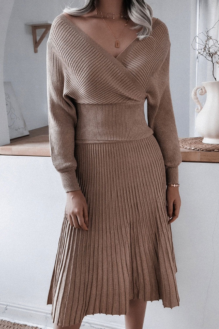 Metallic Lurex Rib Knit Off Shoulder Sweater Two Piece Midi Dress - Coffee 2