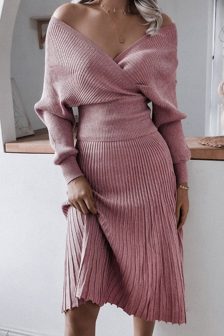 Off Shoulder Wrap Front Long Sleeve Ribbed Knit Pleated Midi Dress