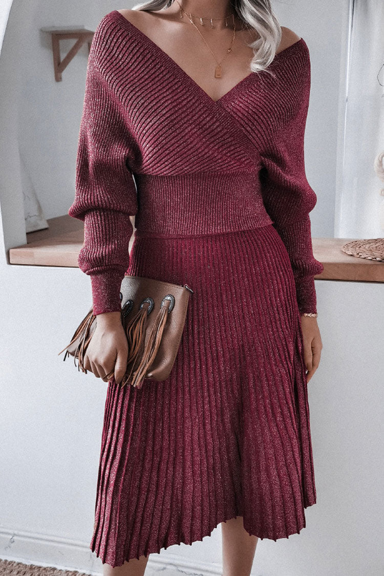 Metallic Lurex Rib Knit Off Shoulder Sweater Two Piece Midi Dress - Burgundy 2