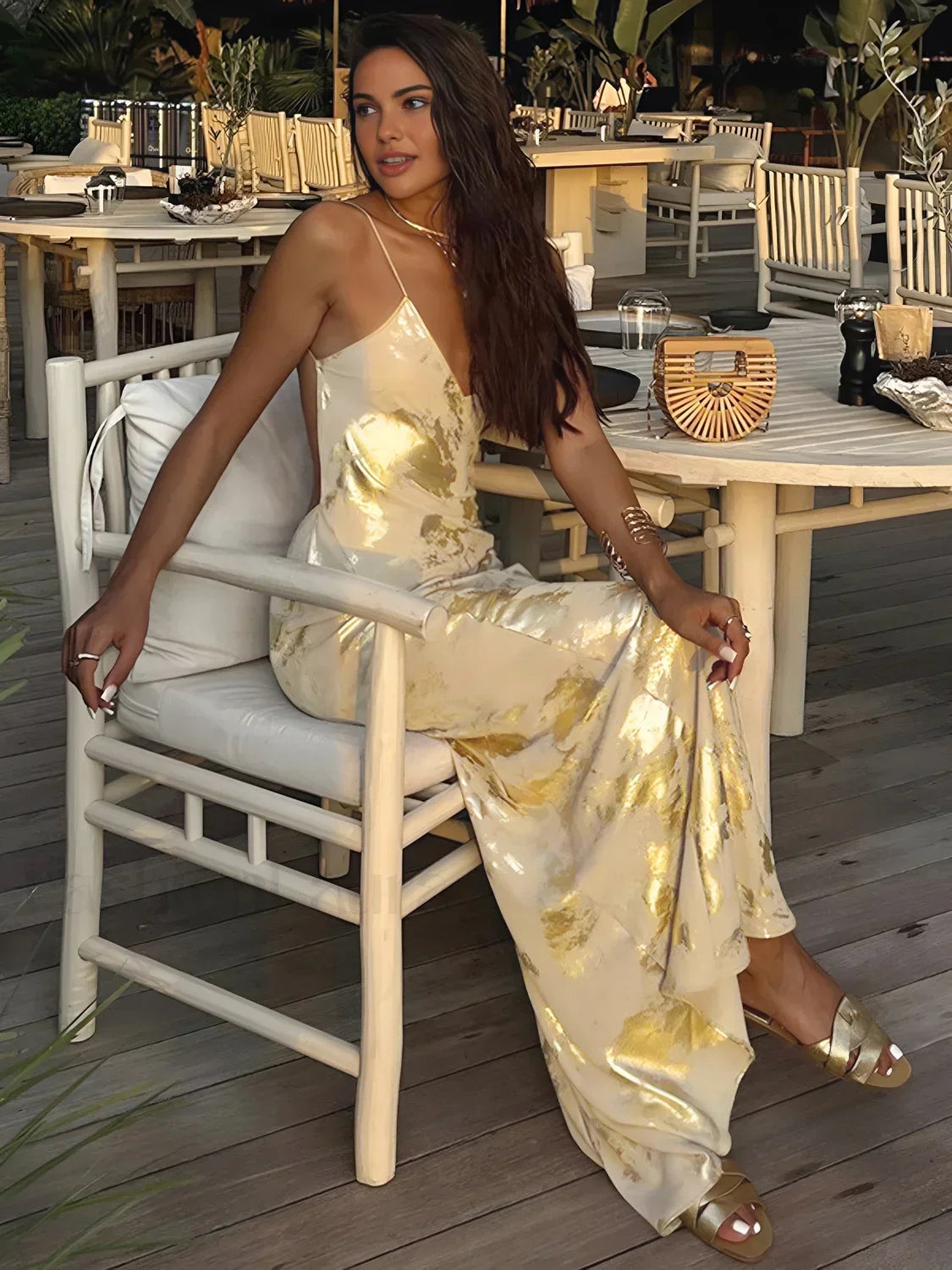 Metallic Floral Spaghetti Strap Low Back Maxi Gown 7
