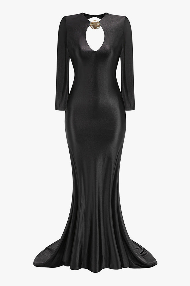 Metallic Seashell Crew Neck Long Sleeve Cutout Back Fishtail Maxi Dress