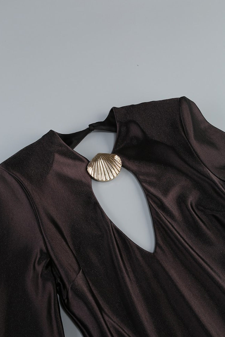 Metallic Seashell Crew Neck Long Sleeve Cutout Back Fishtail Maxi Dress
