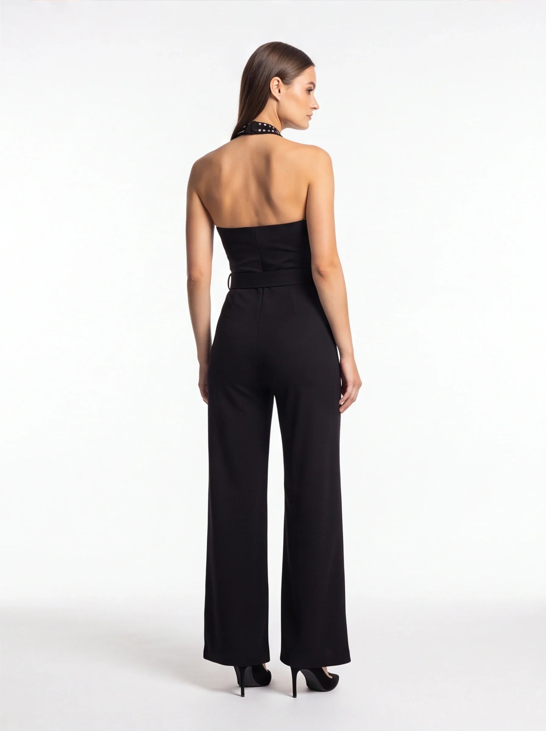 Elegant High-Waist Rhinestone Jumpsuit with Adjustable Straps