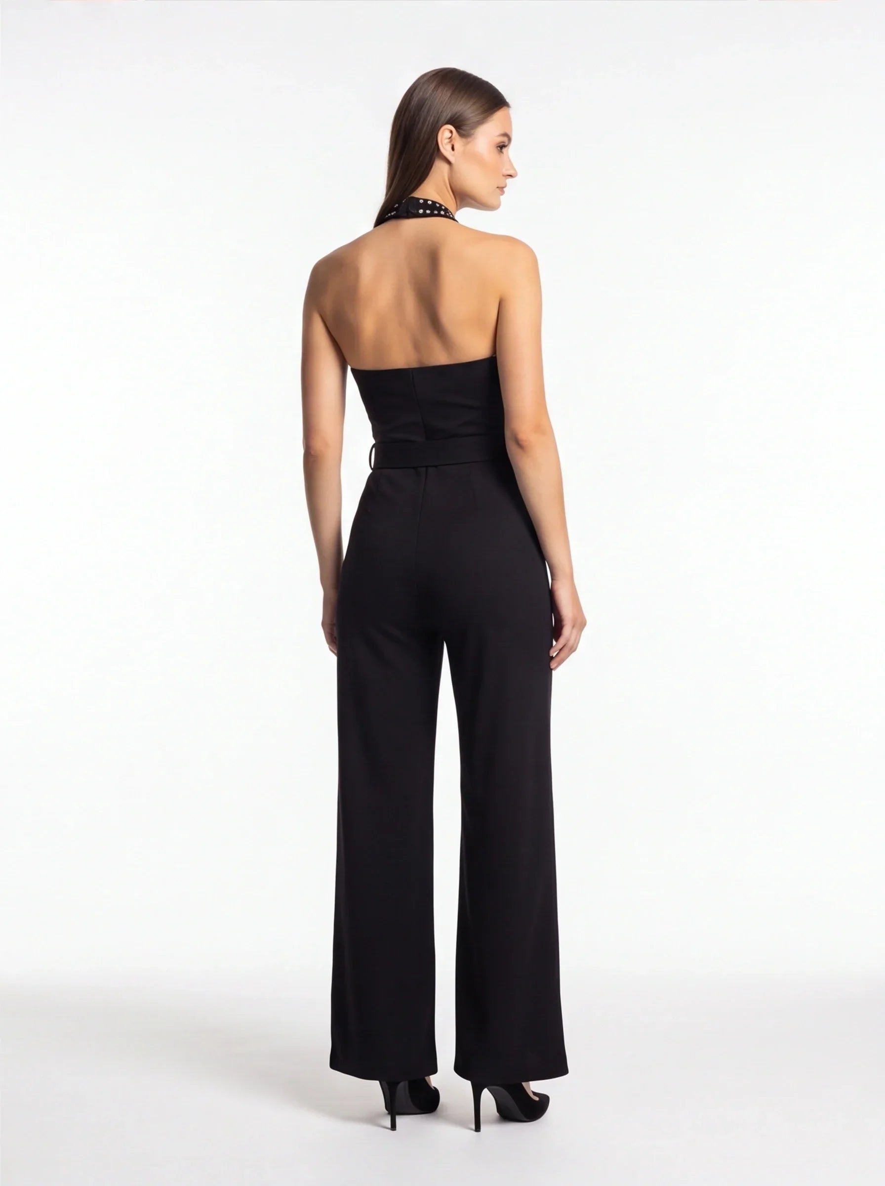 Rhinestone Halter Neck Cross Front Keyhole Belted Wide Leg Jumpsuit