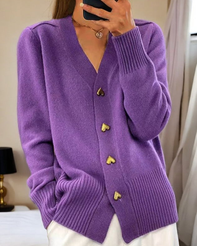 V-Neck Button Front Ribbed Knit Cardigan