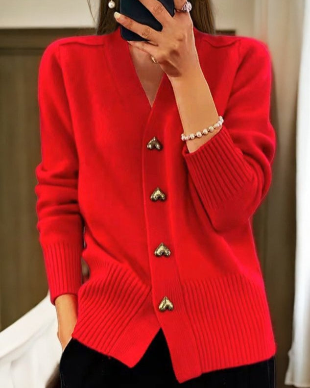 V-Neck Button Front Ribbed Knit Cardigan