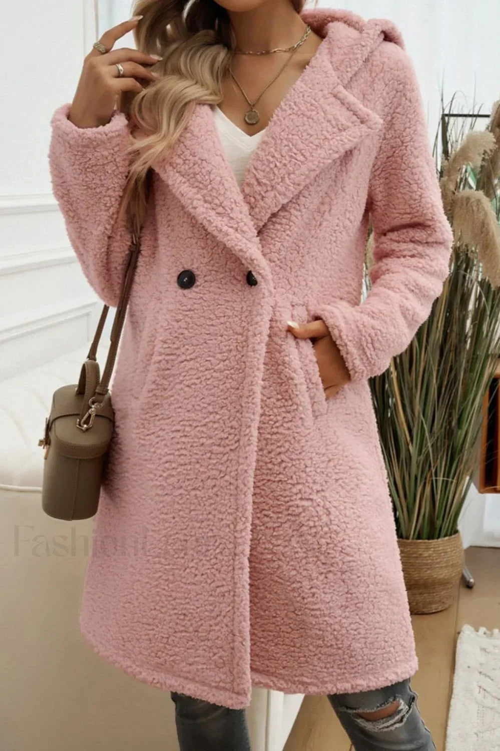 Mid Length Fuzzy Lapel Coat Pink / S coats