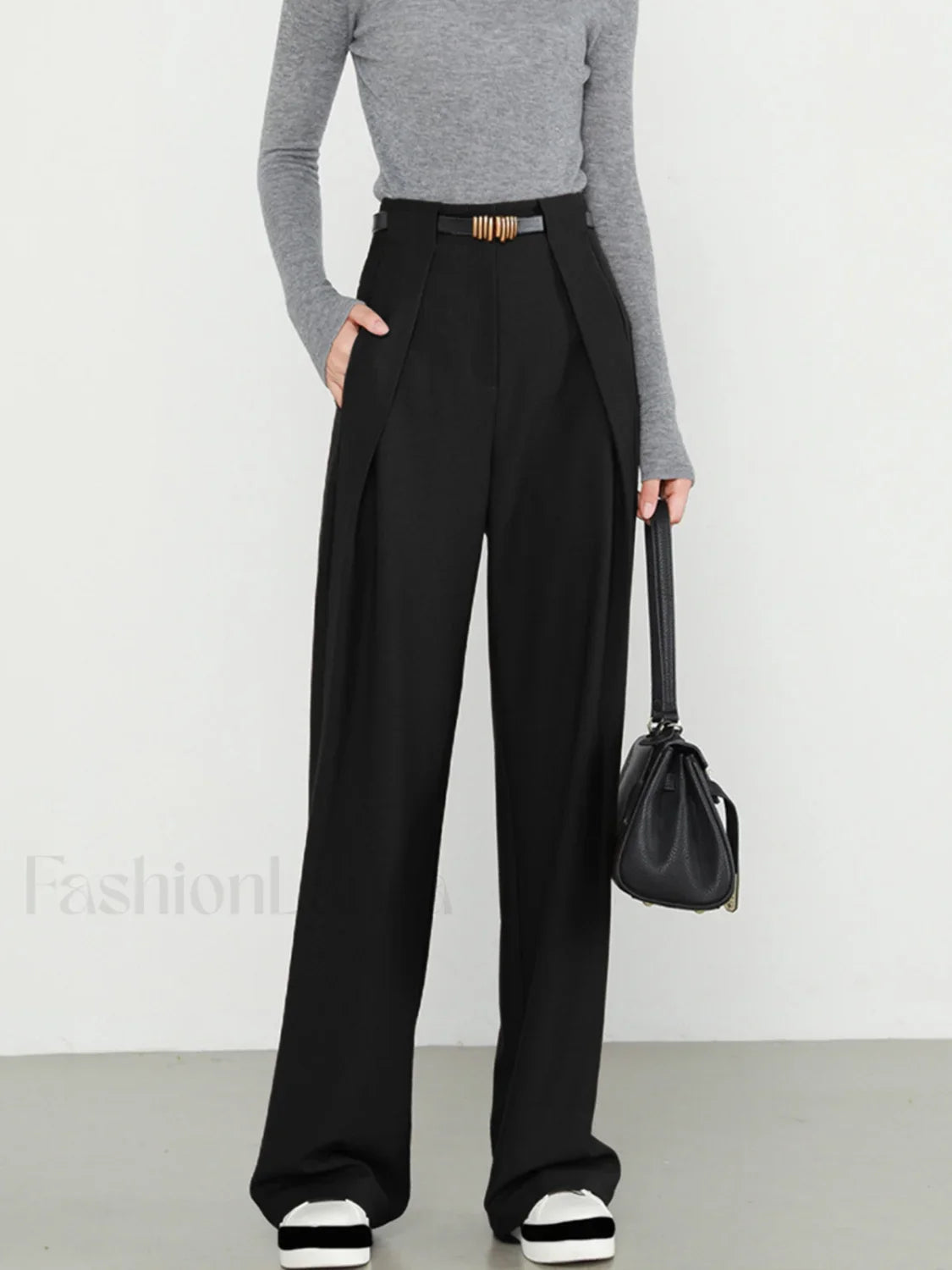 Middle Waist Solid Trendy Pocket Straight Leg Pants Black / XS Pants