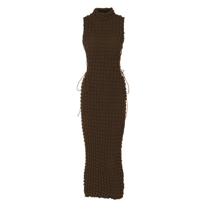 High neck lace up side solid waffle sleeveless midi dress 8