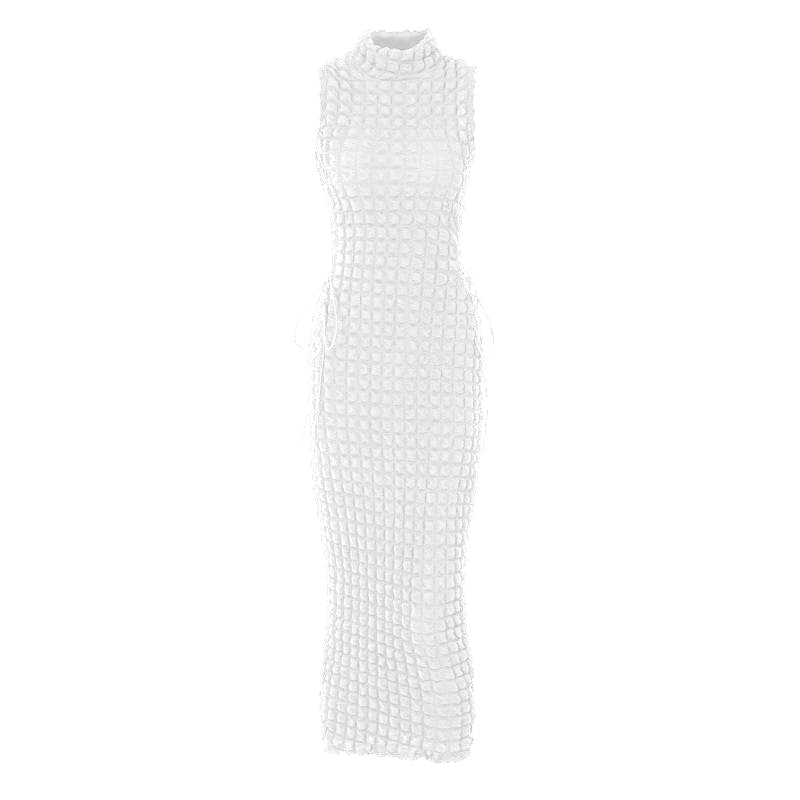 High neck lace up side solid waffle sleeveless midi dress 9