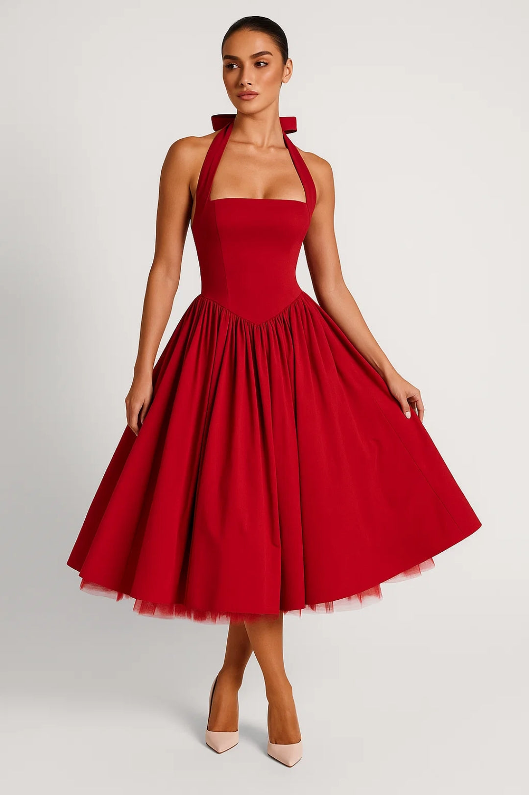 Women's Halter Neck A-Line Midi Dress – Wedding Guest & Cocktail Dress