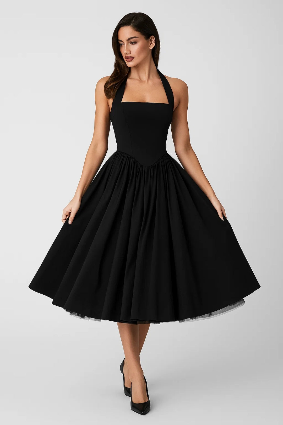 Women's Halter Neck A-Line Midi Dress – Wedding Guest & Cocktail Dress