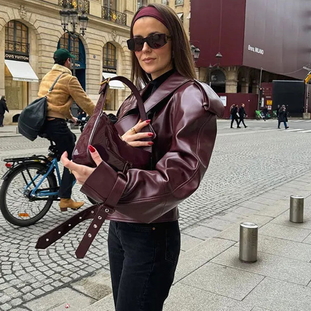 Military Belted Lapel Epaulet Shoulder Oversize Cropped Faux Leather Jacket