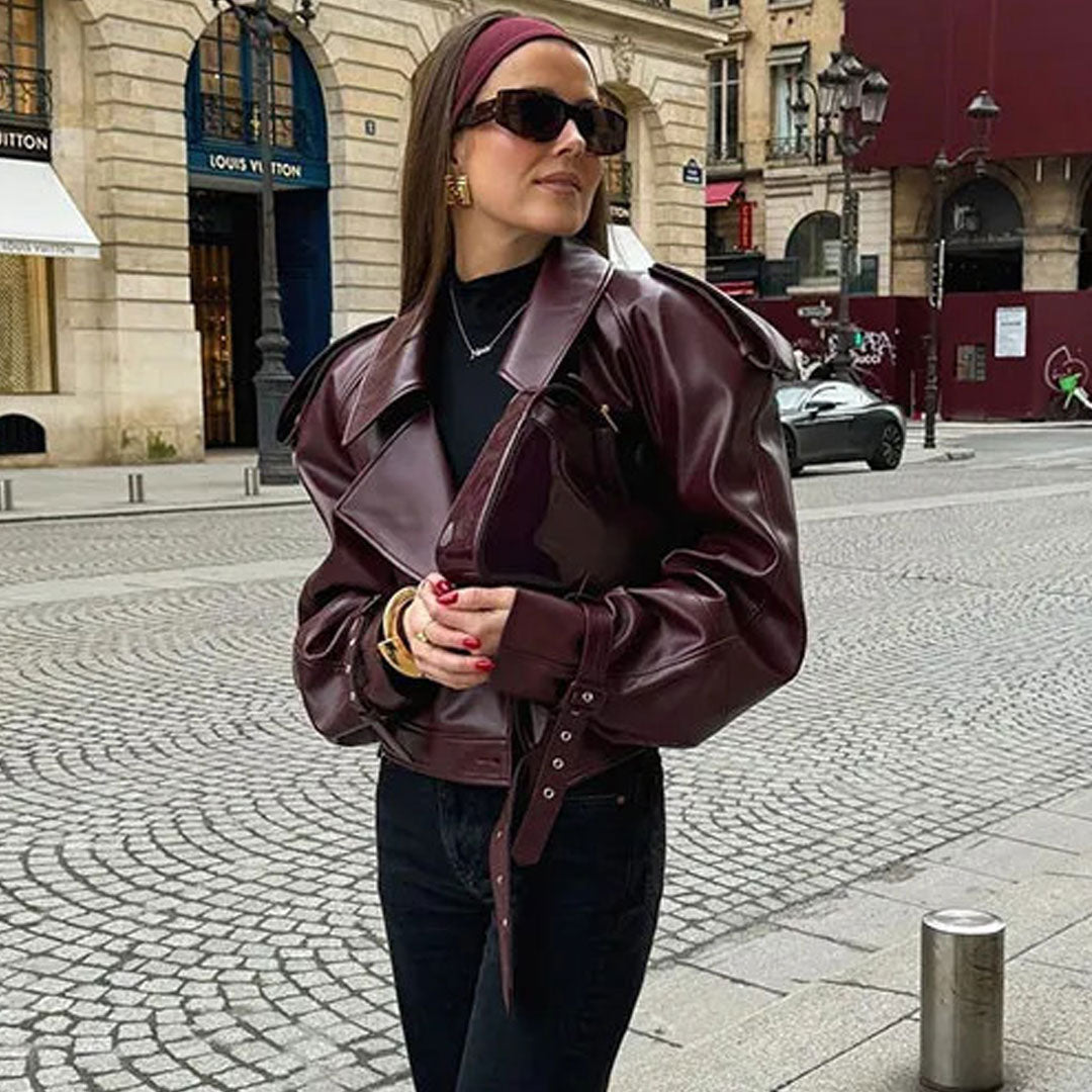 Military Belted Lapel Epaulet Shoulder Oversize Cropped Faux Leather Jacket