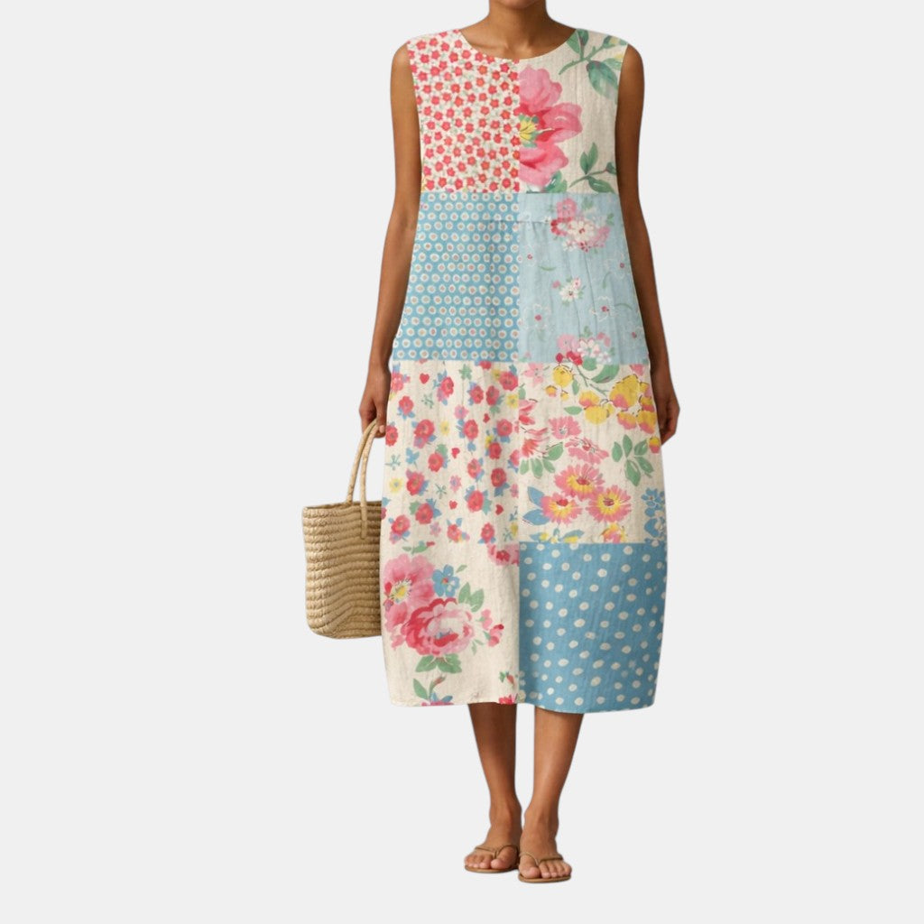 Patchwork Floral Round Neck Sleeveless Midi Dress