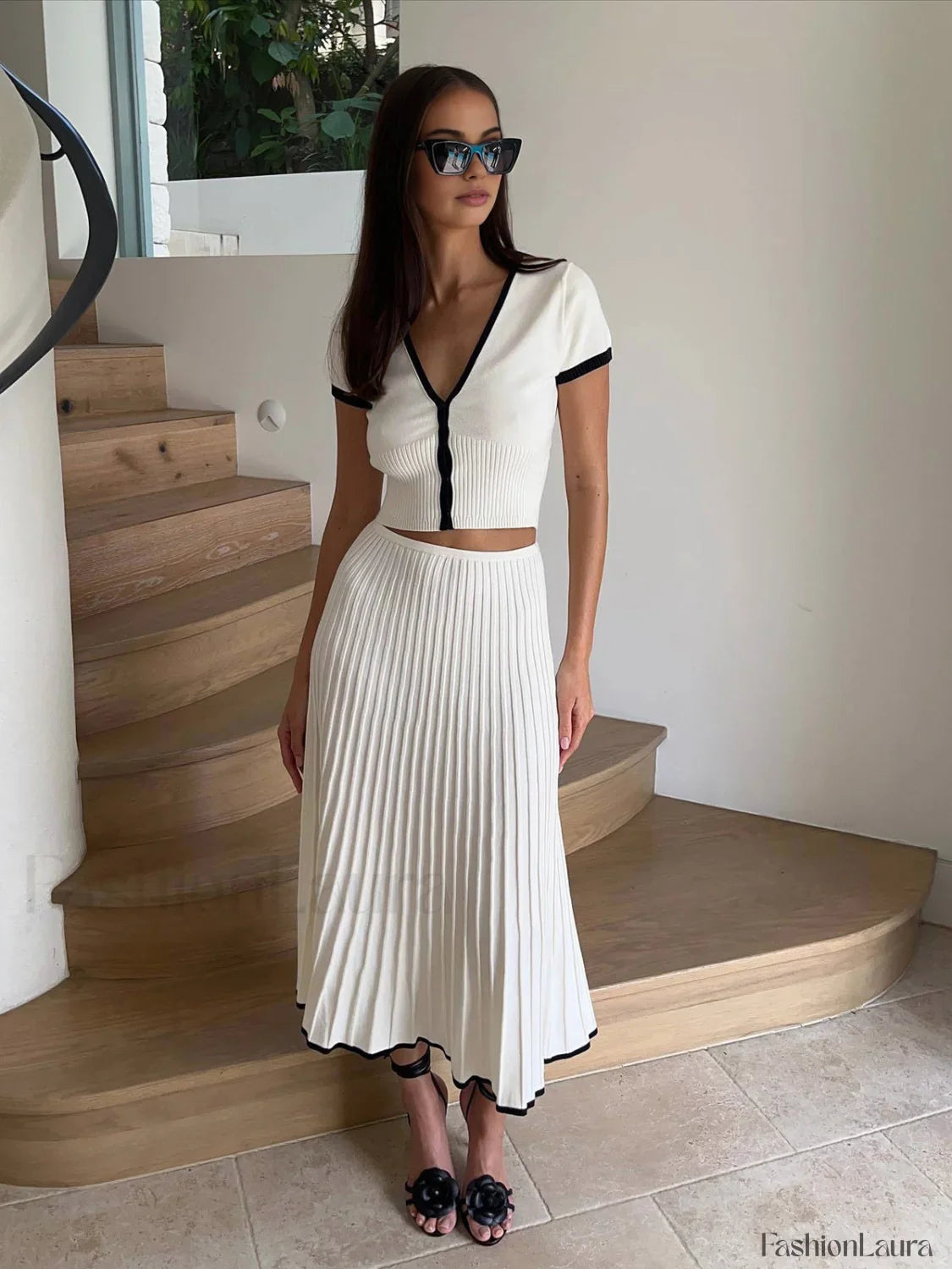 Minimalism Contrast Trim Sweater Skirt Set