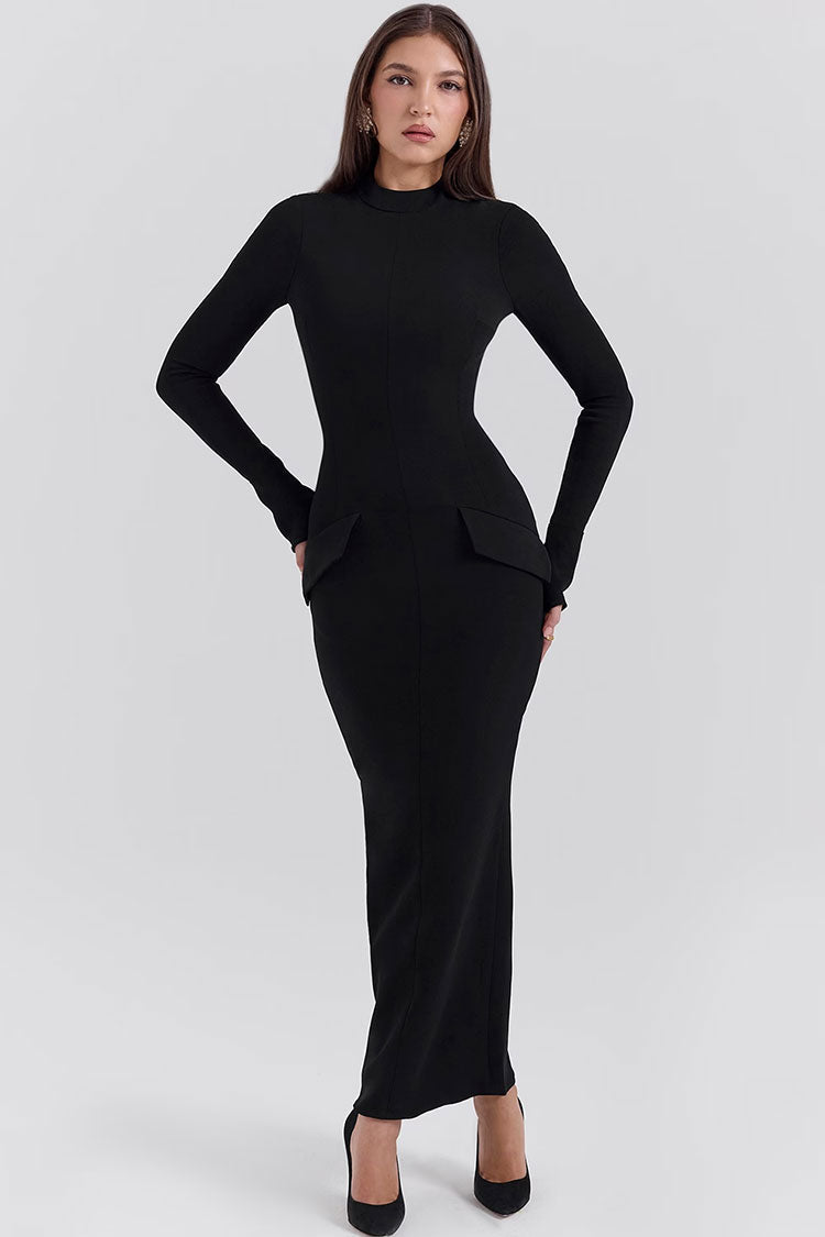 High Neck Long Sleeve Peplum Bodycon Maxi Dress