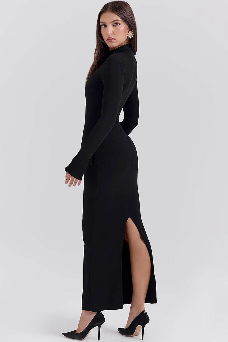 High Neck Long Sleeve Peplum Bodycon Maxi Dress