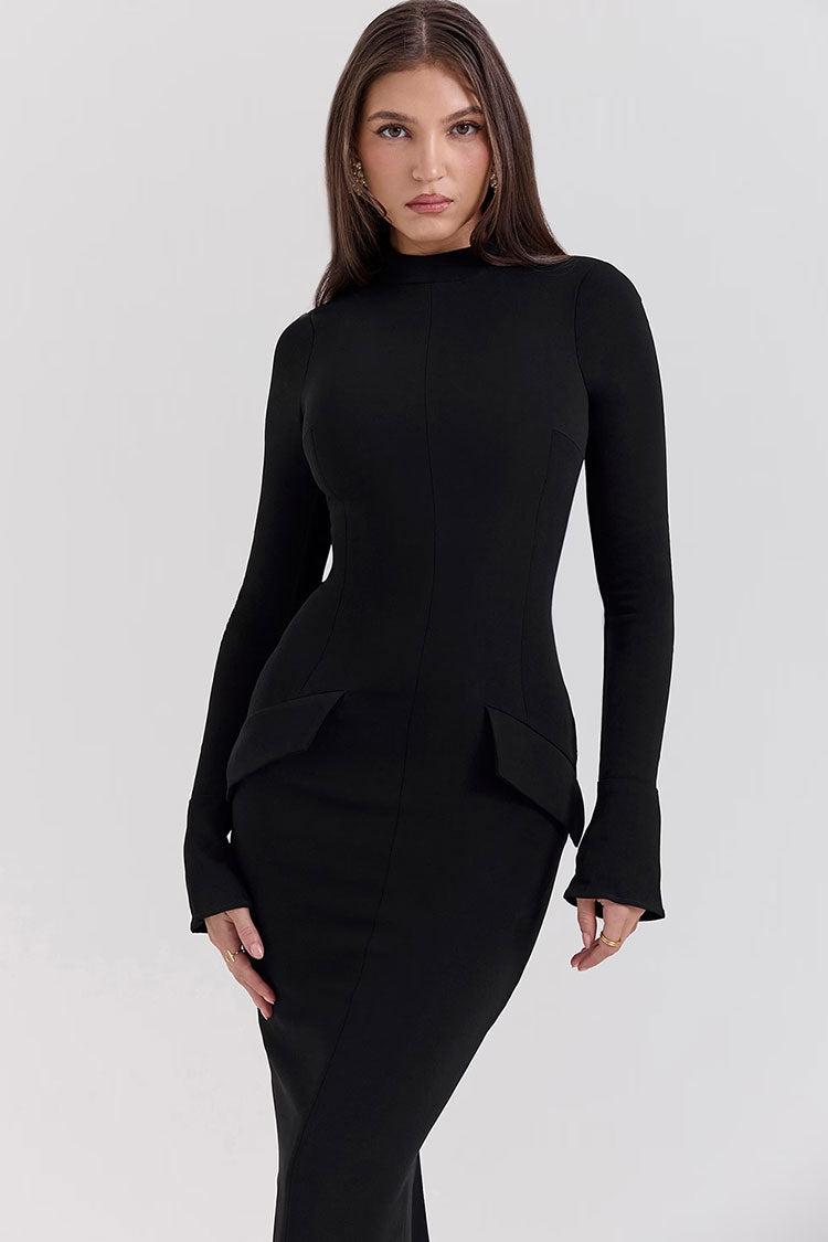 High Neck Long Sleeve Peplum Bodycon Maxi Dress