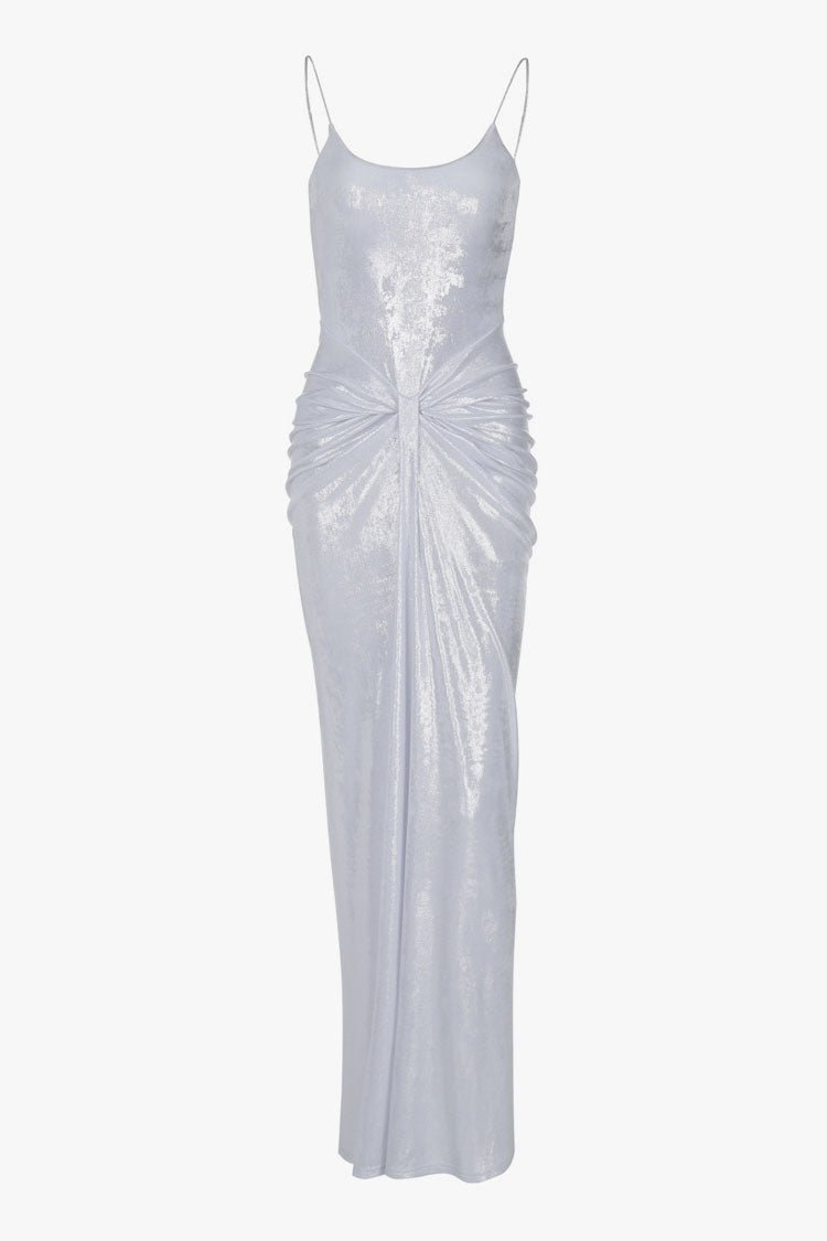 Minimalist Metallic Spaghetti Strap Gathered Draped Evening Maxi Dress