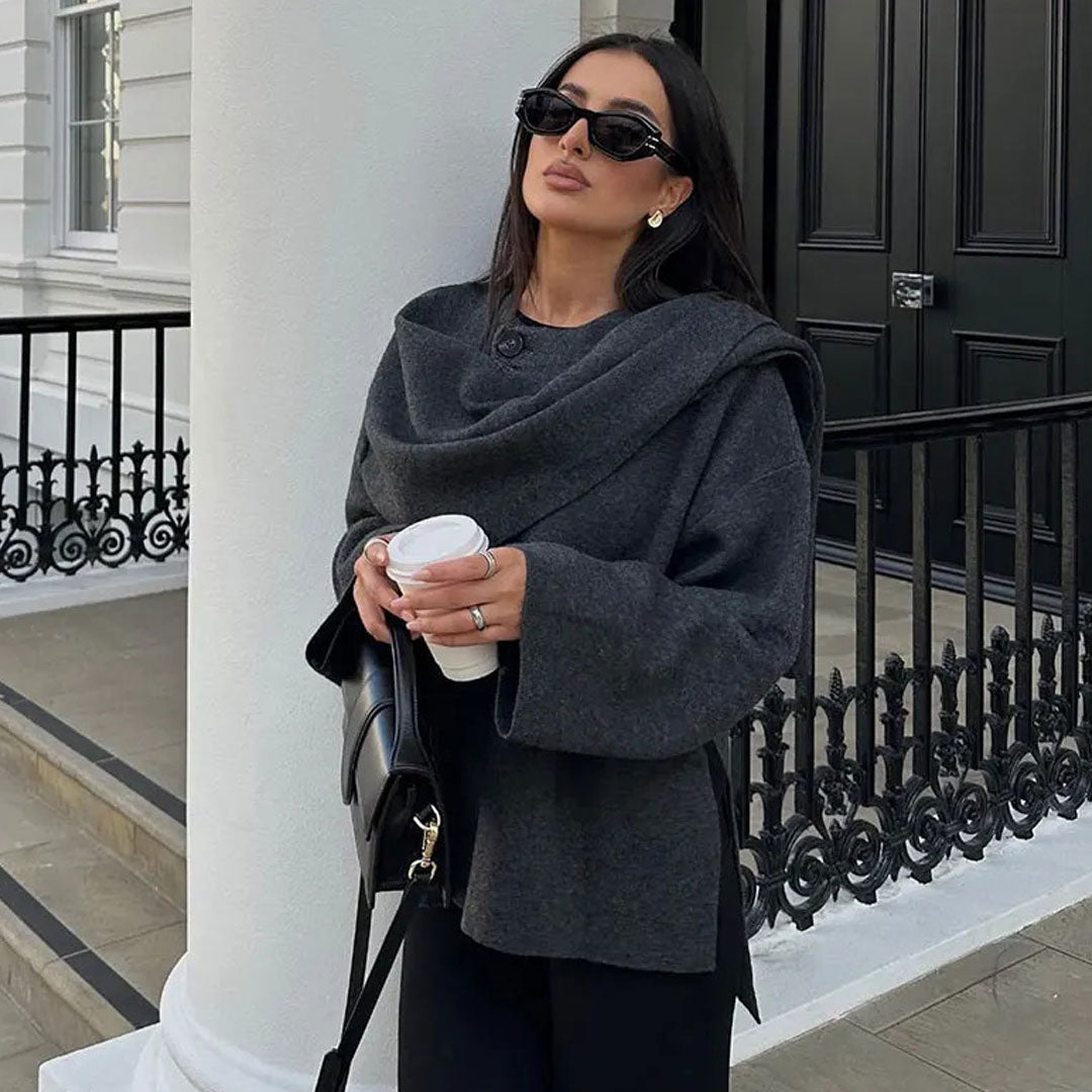 Minimalist One Button Wide Sleeve High Low Oversized Scarf Cardigan
