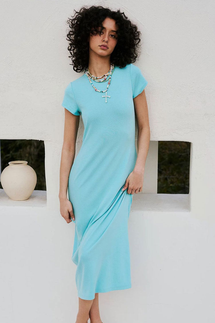Minimalist Solid Crew Neck Short Sleeve Slim Summer T Shirt Midi Dress