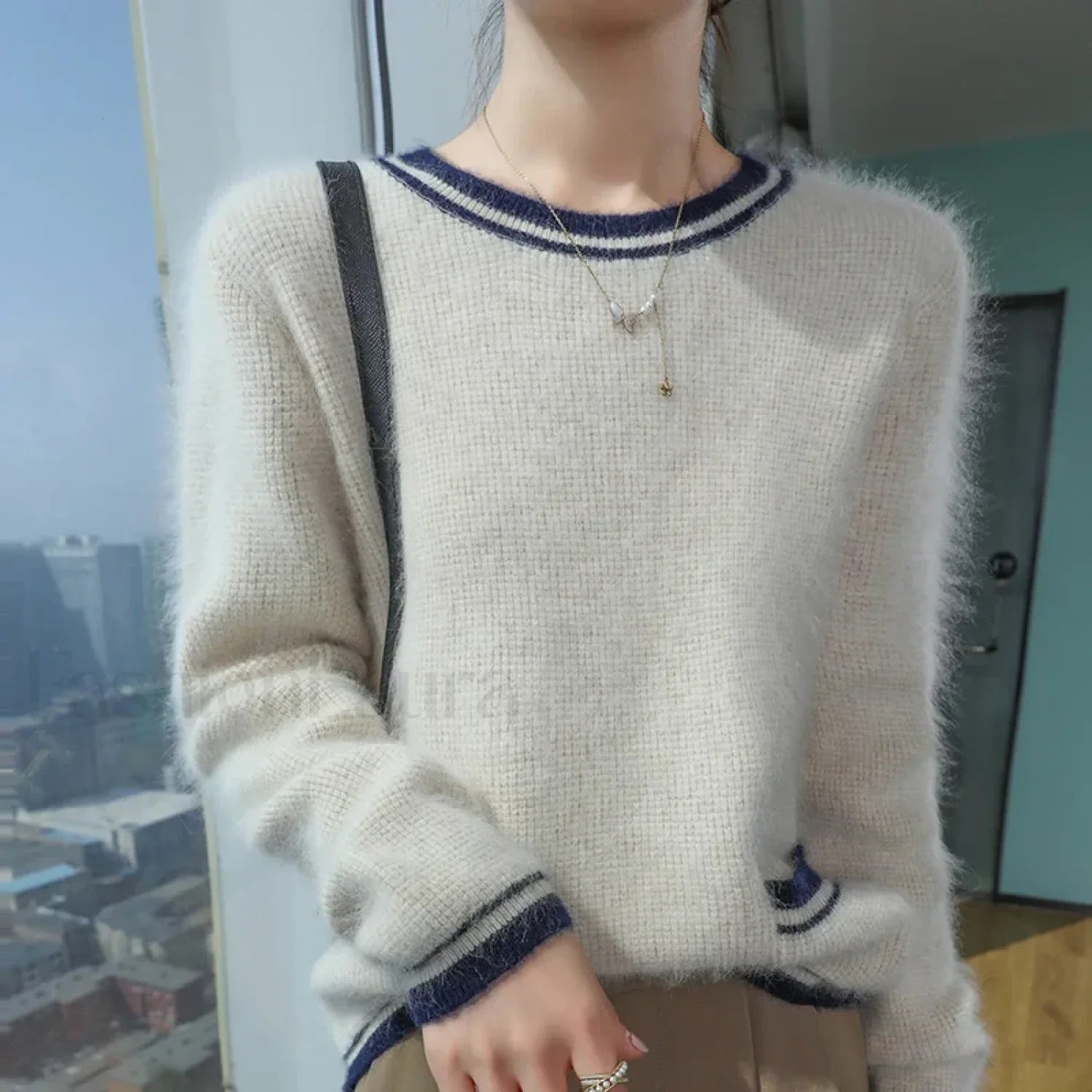 Mink Cashmere Autumn Winter New Women's Round Neck Pullover Fashion Solid Color Warm Sweater