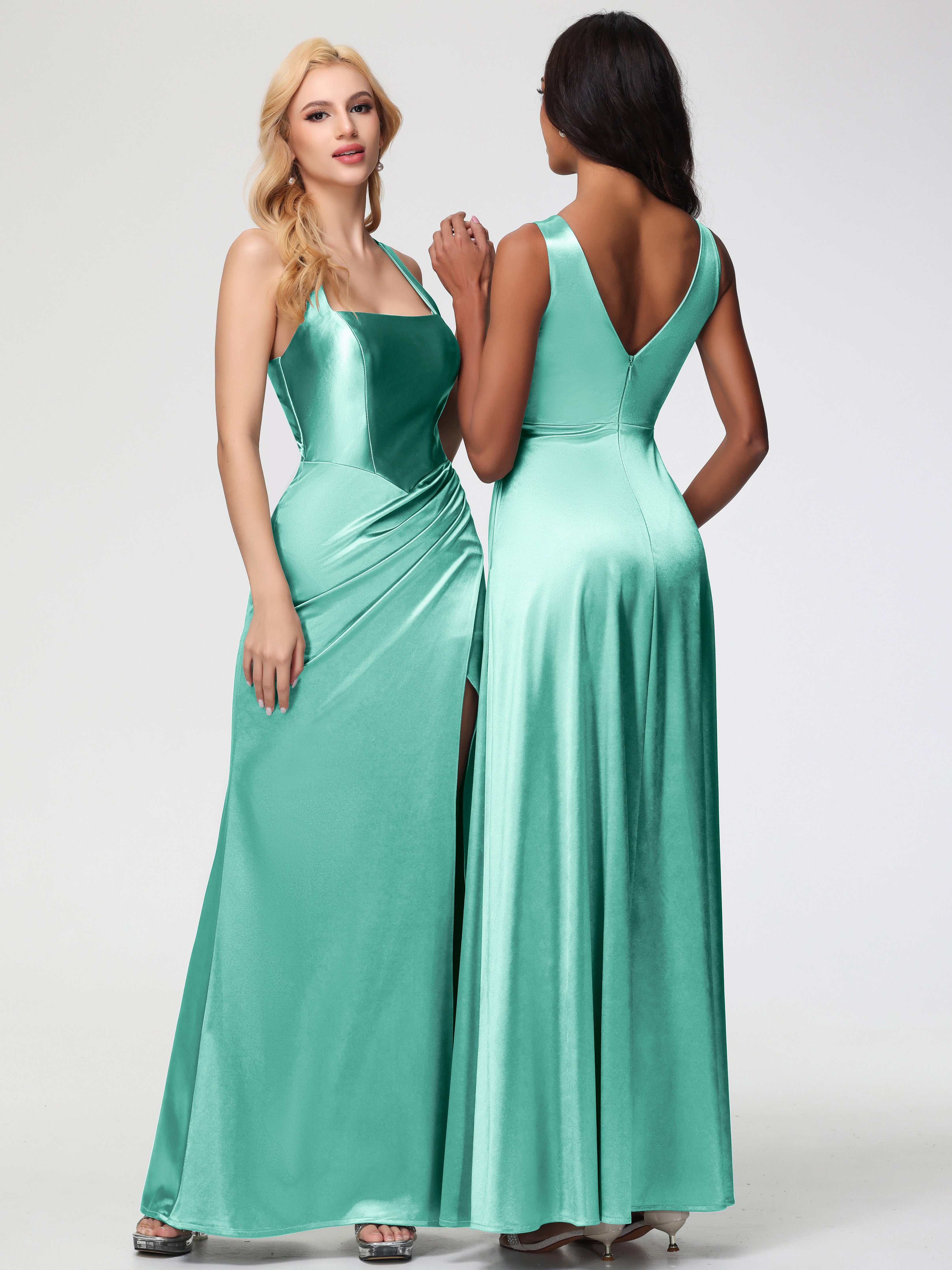 Mint Green Formal Dresses Straps Ruched Floor Length Sheath Formal Dress With Slit