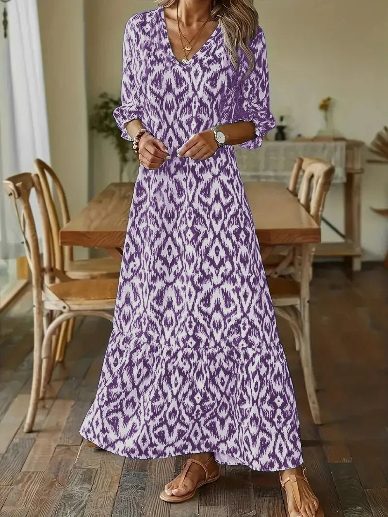 Ikat Geometric Print V-Neck Bishop Sleeve Tiered Ruffle Hem Maxi Dress