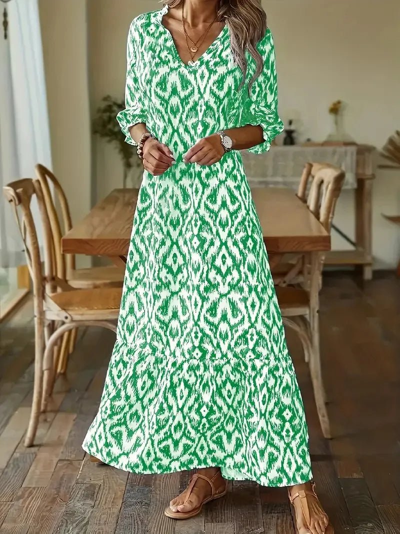 Ikat Geometric Print V-Neck Bishop Sleeve Tiered Ruffle Hem Maxi Dress