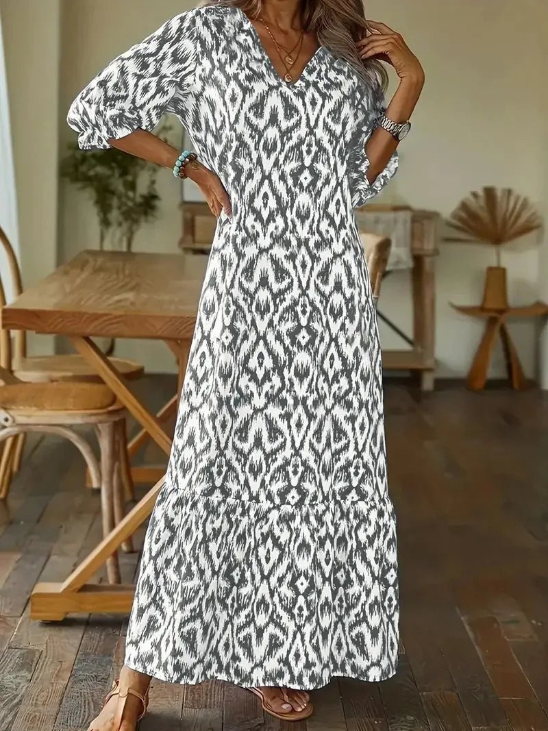 Ikat Geometric Print V-Neck Bishop Sleeve Tiered Ruffle Hem Maxi Dress