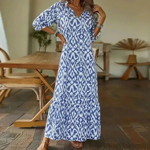 Ikat Geometric Print V-Neck Bishop Sleeve Tiered Ruffle Hem Maxi Dress