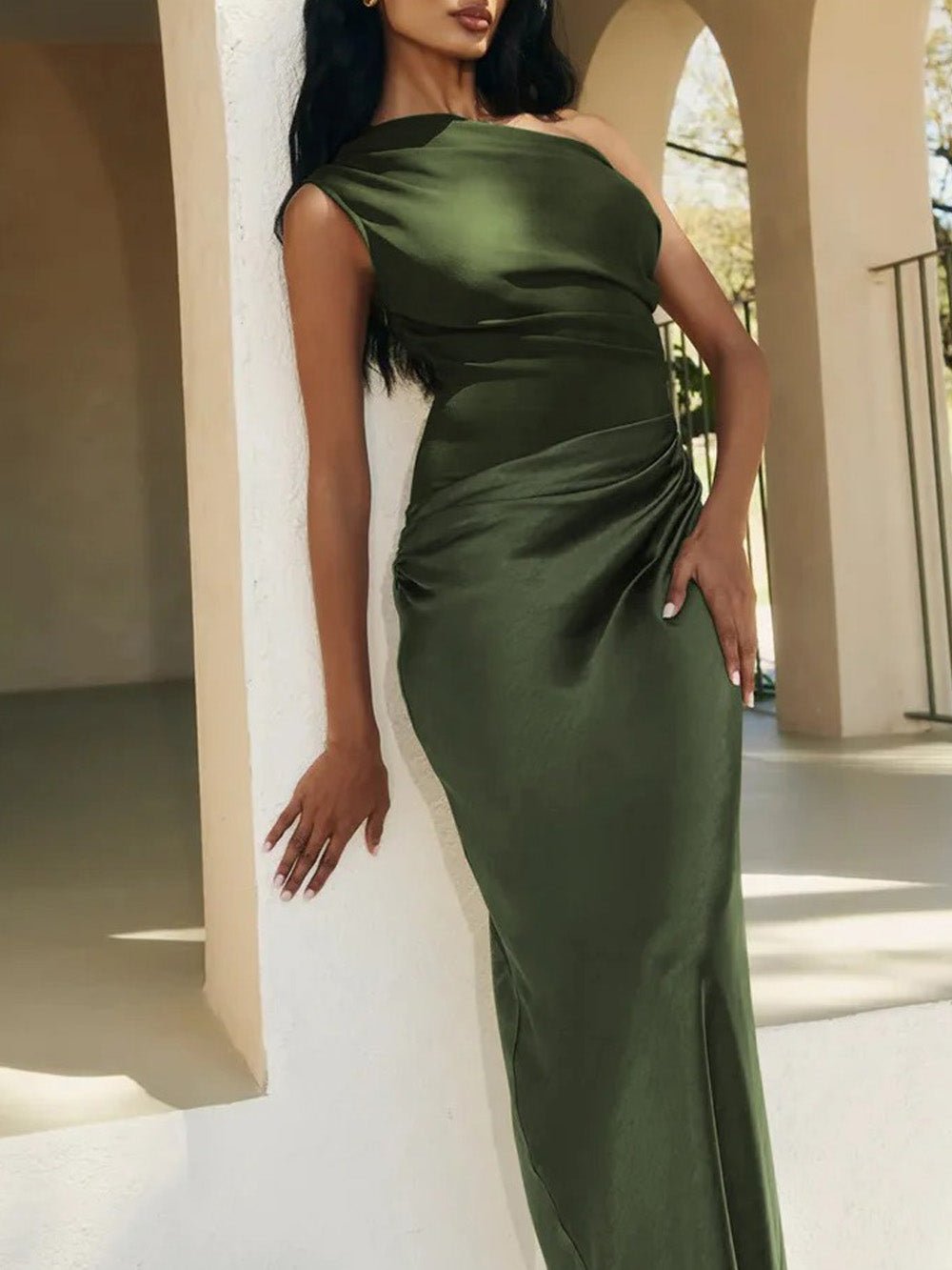 Satin One Shoulder Ruched Mermaid Maxi Gown