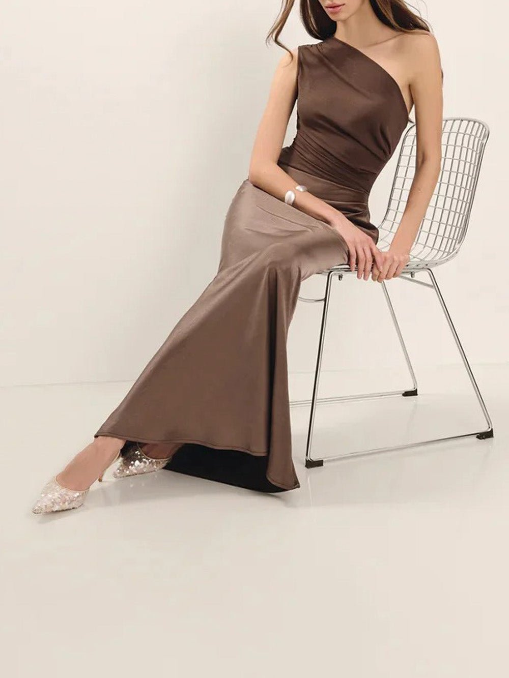 Satin One Shoulder Sleeveless Ruched Mermaid Maxi Gown