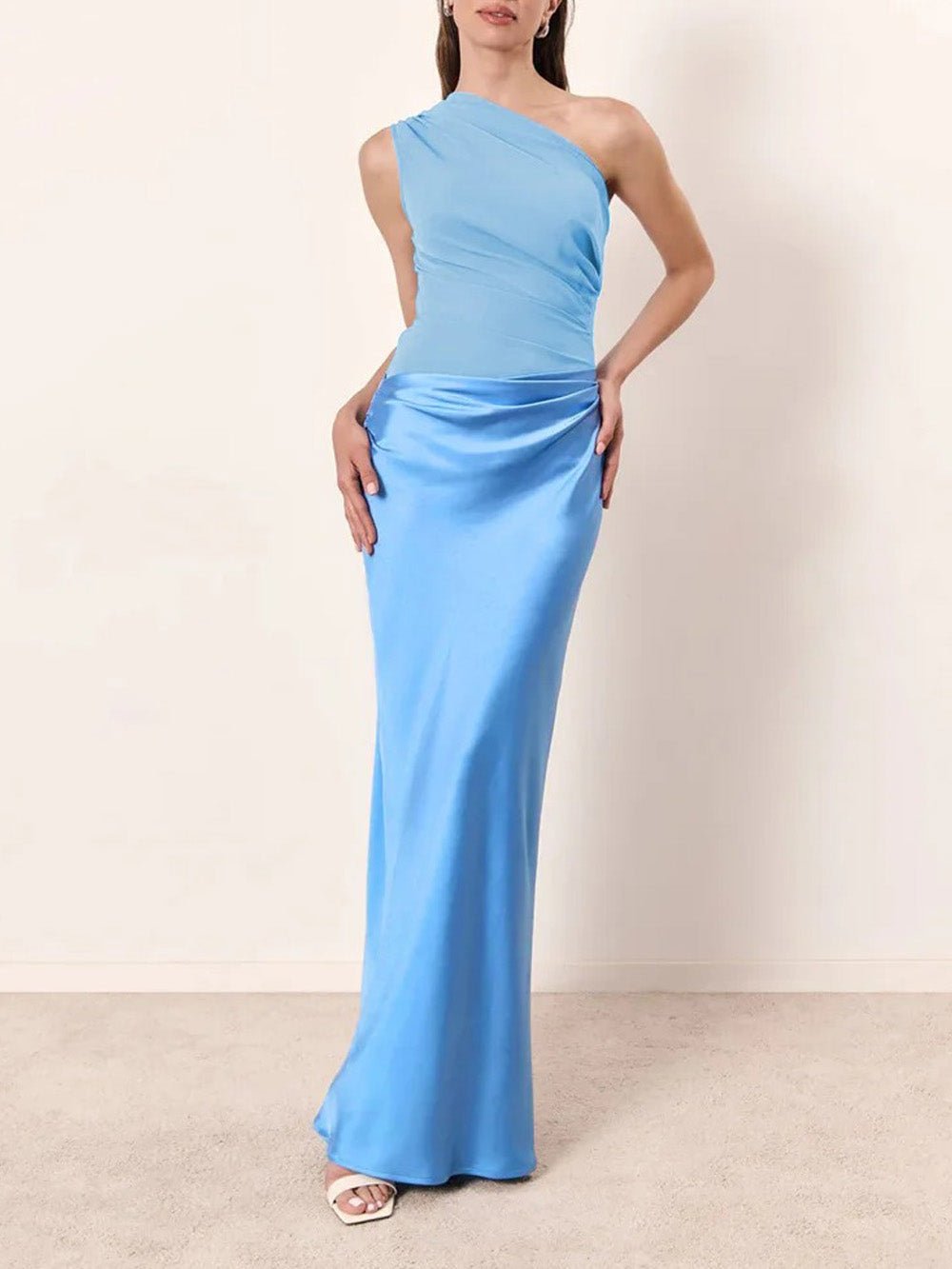 Satin One Shoulder Sleeveless Ruched Mermaid Maxi Gown - View 4
