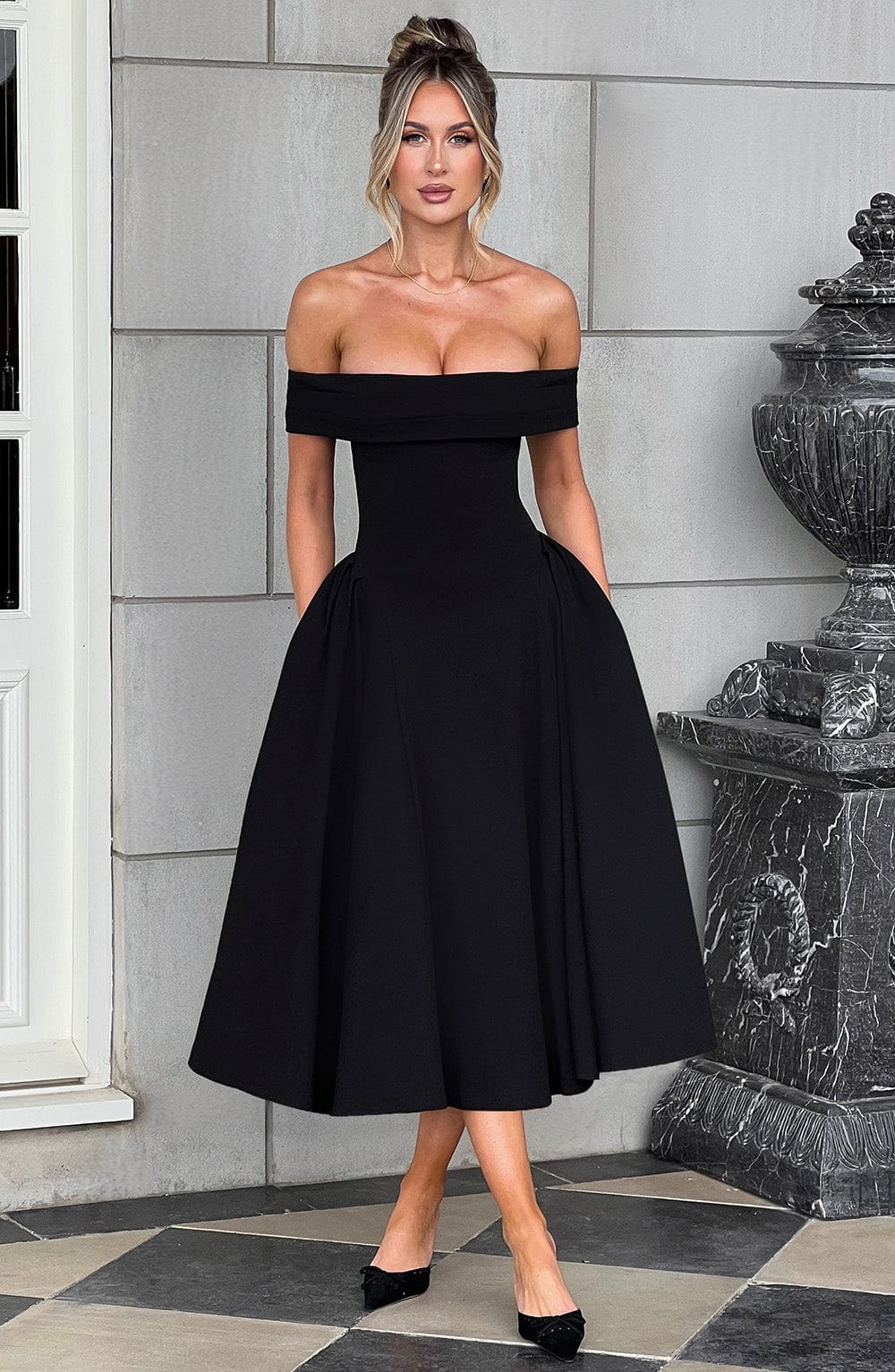 Off Shoulder Fold Over Neckline Basque Waist Full Skirt Midi Dress 3