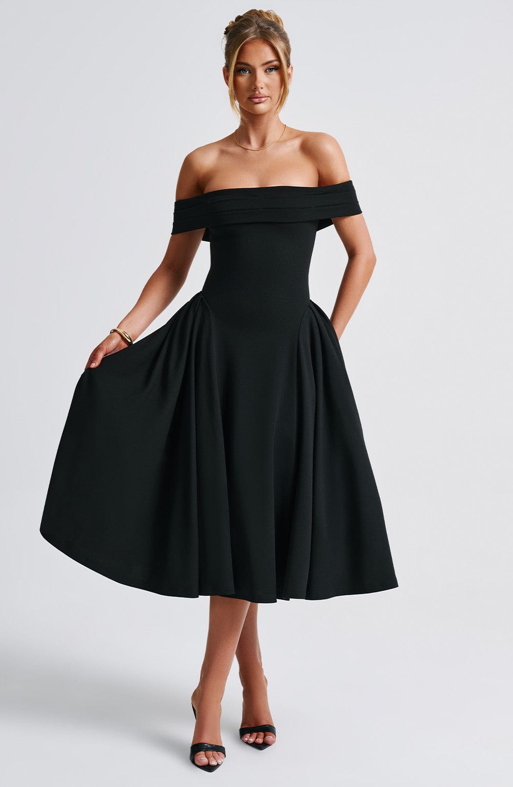 Off Shoulder Fold Over Neckline Basque Waist Full Skirt Midi Dress 10
