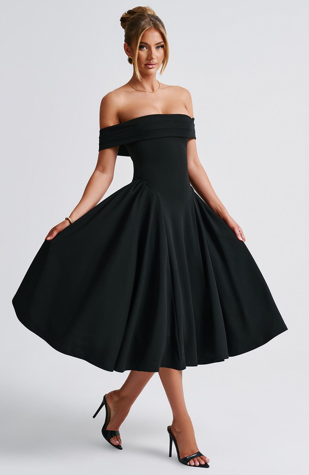 Off Shoulder Fold Over Neckline Basque Waist Full Skirt Midi Dress 2