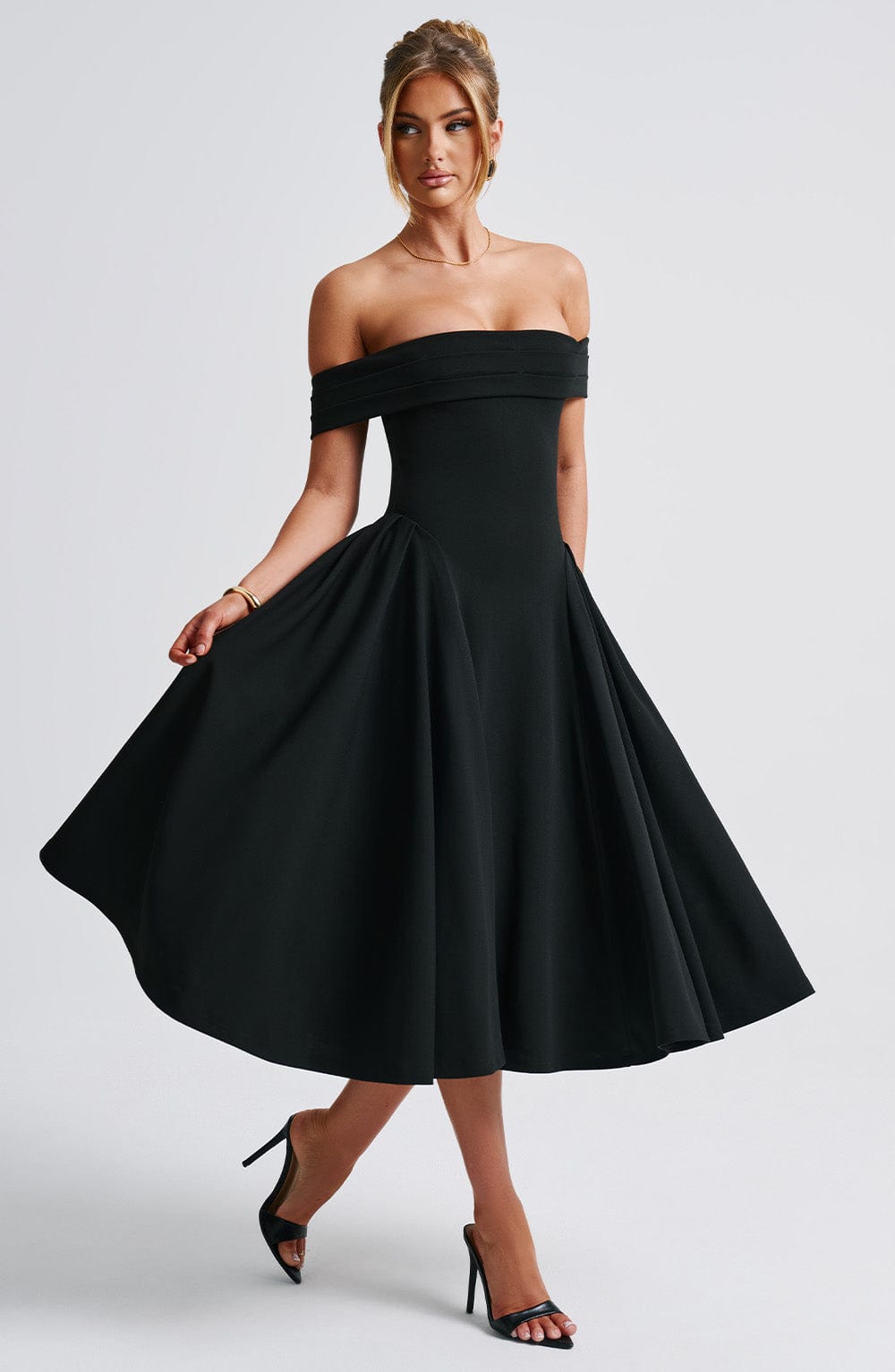 Off Shoulder Fold Over Neckline Basque Waist Full Skirt Midi Dress 5