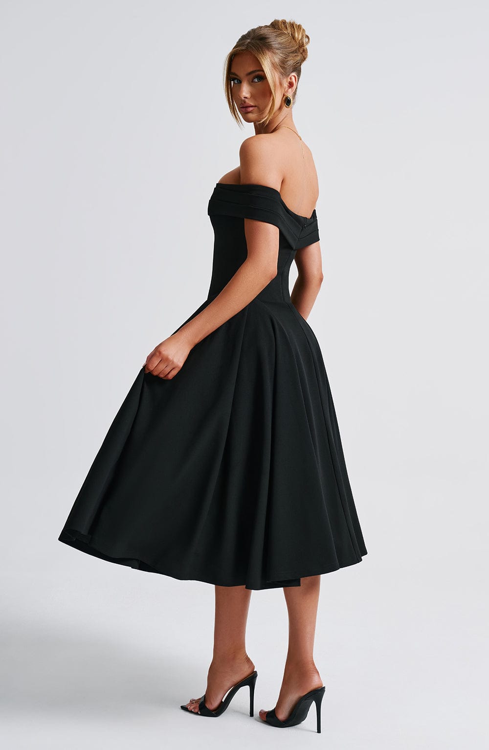 Off Shoulder Fold Over Neckline Basque Waist Full Skirt Midi Dress 6