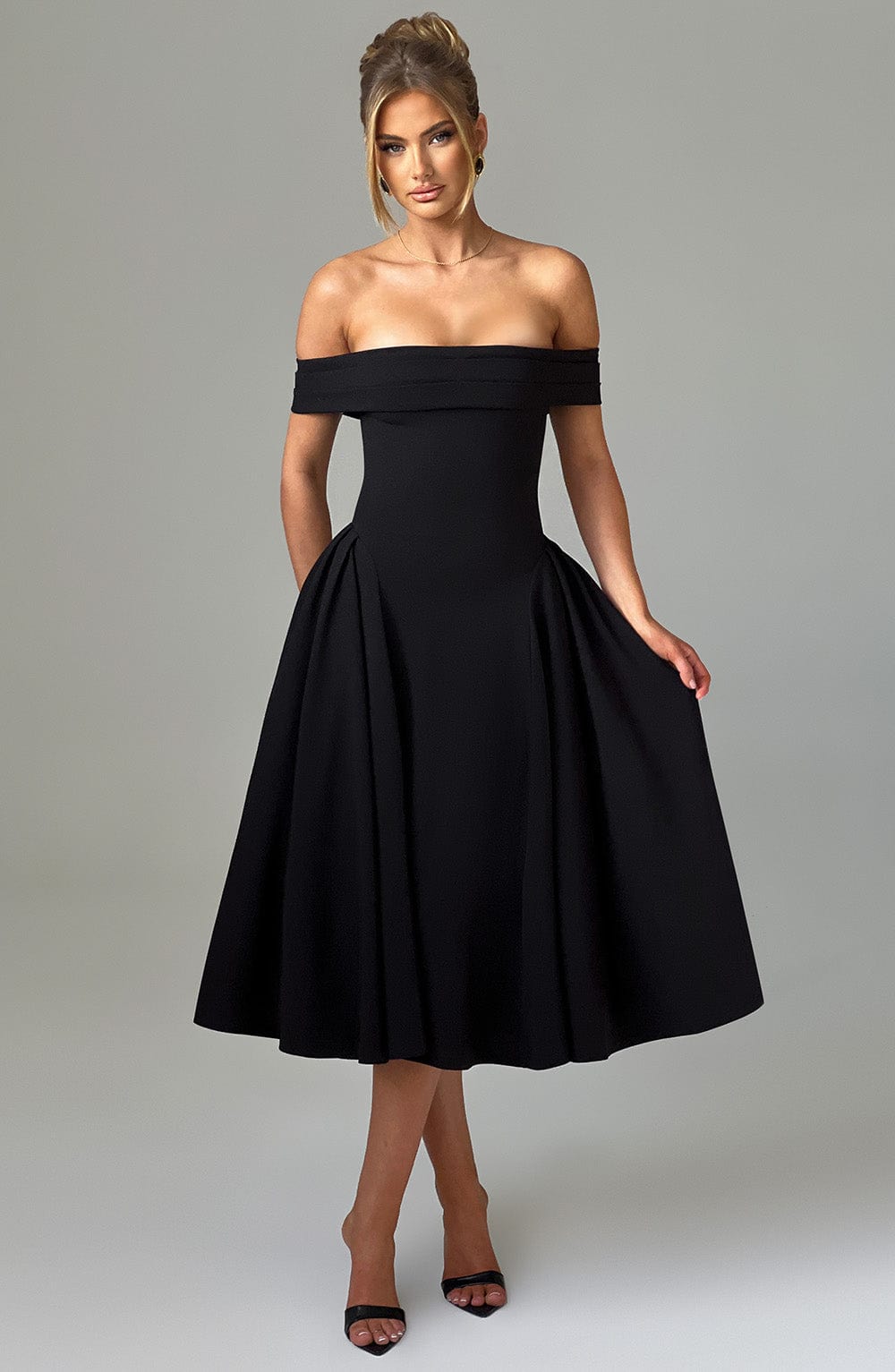 Off Shoulder Fold Over Neckline Basque Waist Full Skirt Midi Dress 7