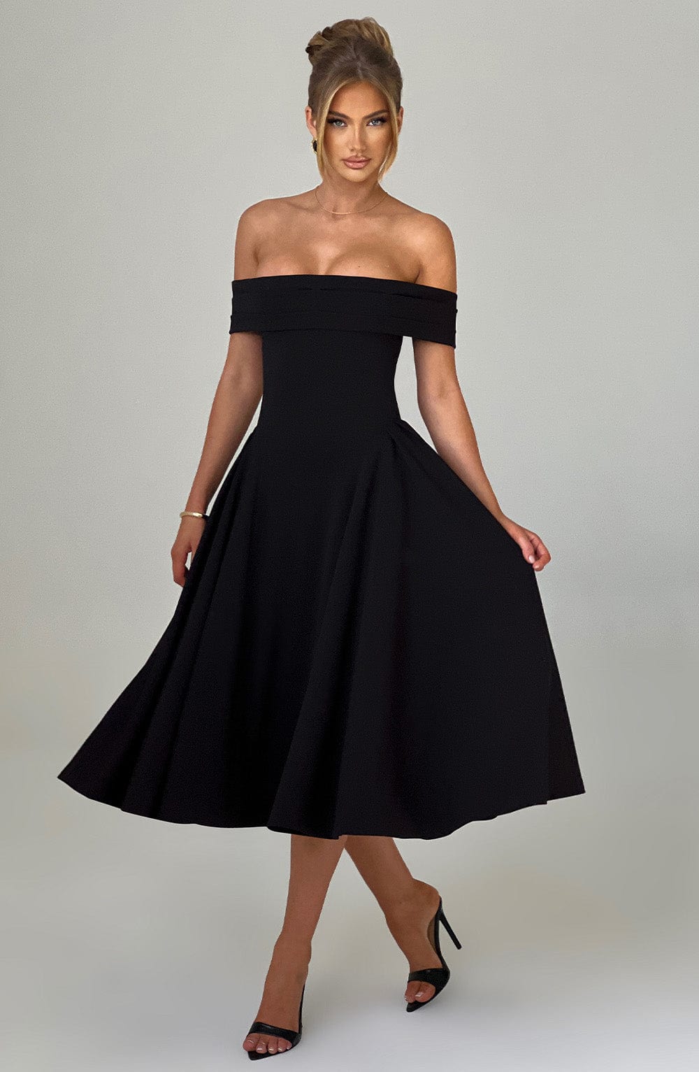 Off Shoulder Fold Over Neckline Basque Waist Full Skirt Midi Dress 12