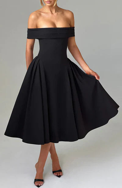 Mila Off Shoulder Pleated Midi Dress