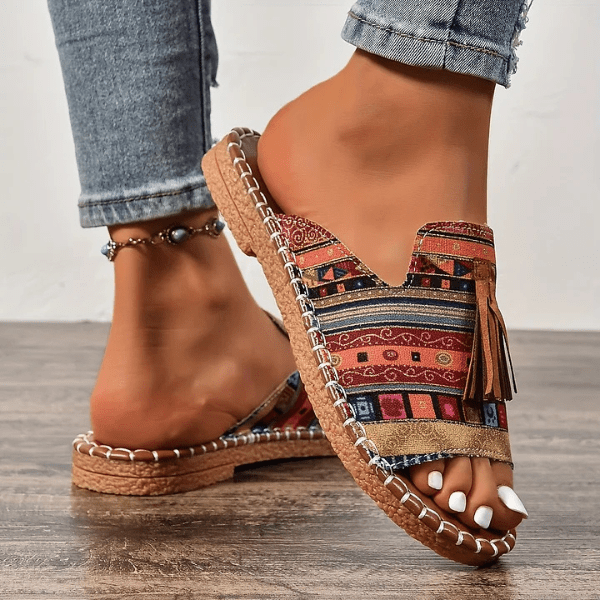 Tribal Print Tassel Toe Ring Flat Slide Sandals