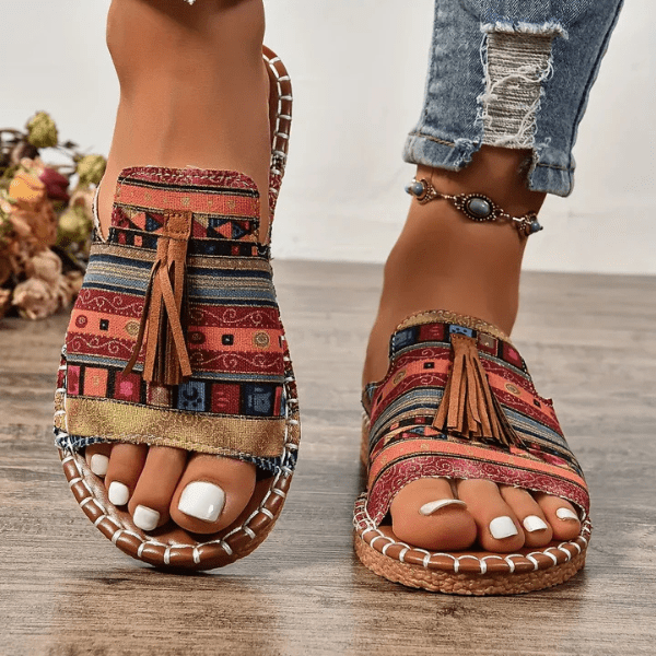 Tribal Print Tassel Toe Ring Flat Slide Sandals