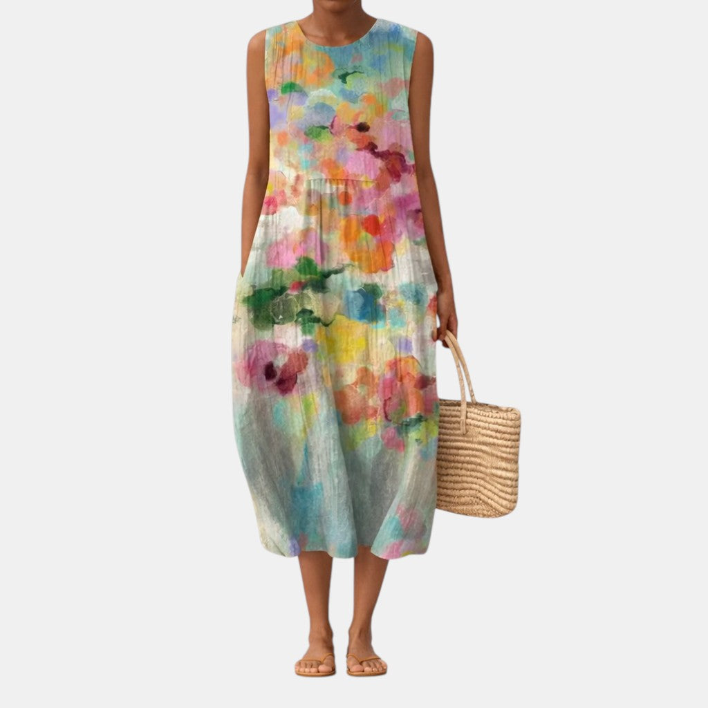 Round Neck Sleeveless Floral Print Tiered Midi Dress