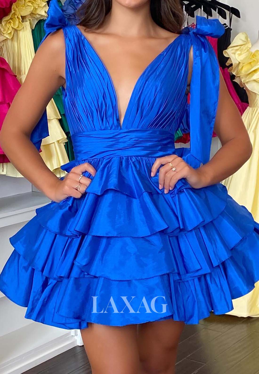 Deep V-Neck Bows-Straps Sleeveless Pleated Satin Tiered A-Line Party Homecoming Dress